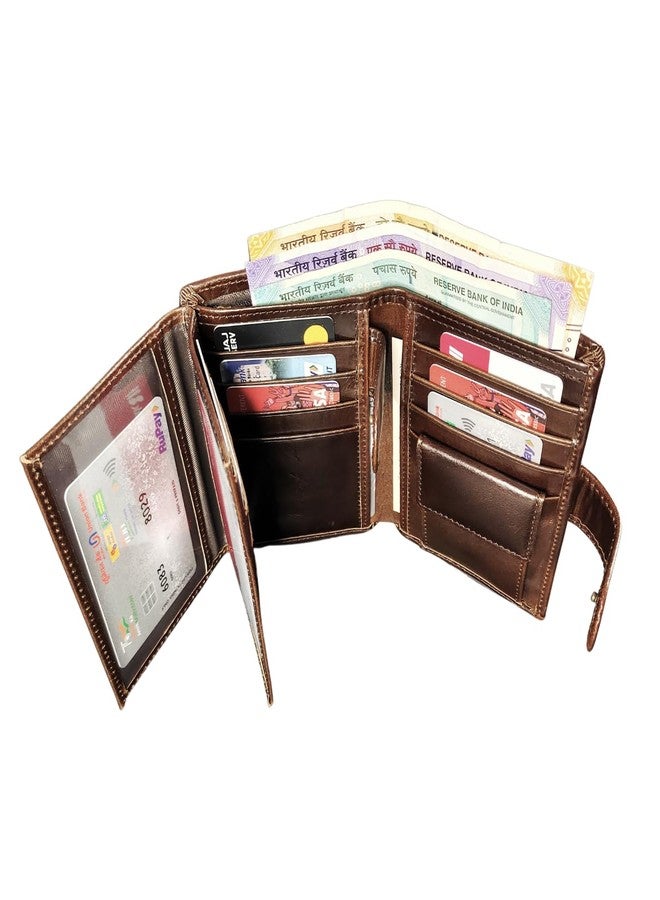 Bracevor Genuine Leather Trifold Wallet Card Holder for Men - Coffee Brown | 21 Pockets : Card Slots | ID Window| Coin Pocket | Cash Pockets | Zip Closure - Image 3